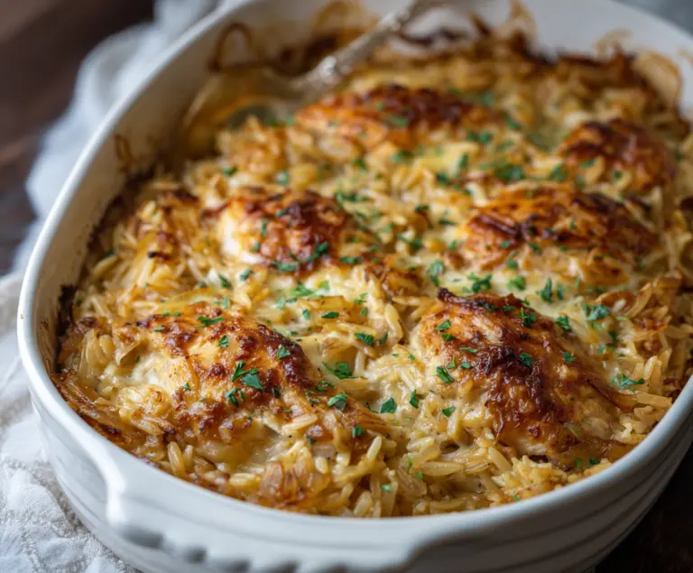 French Onion Chicken Orzo Casserole