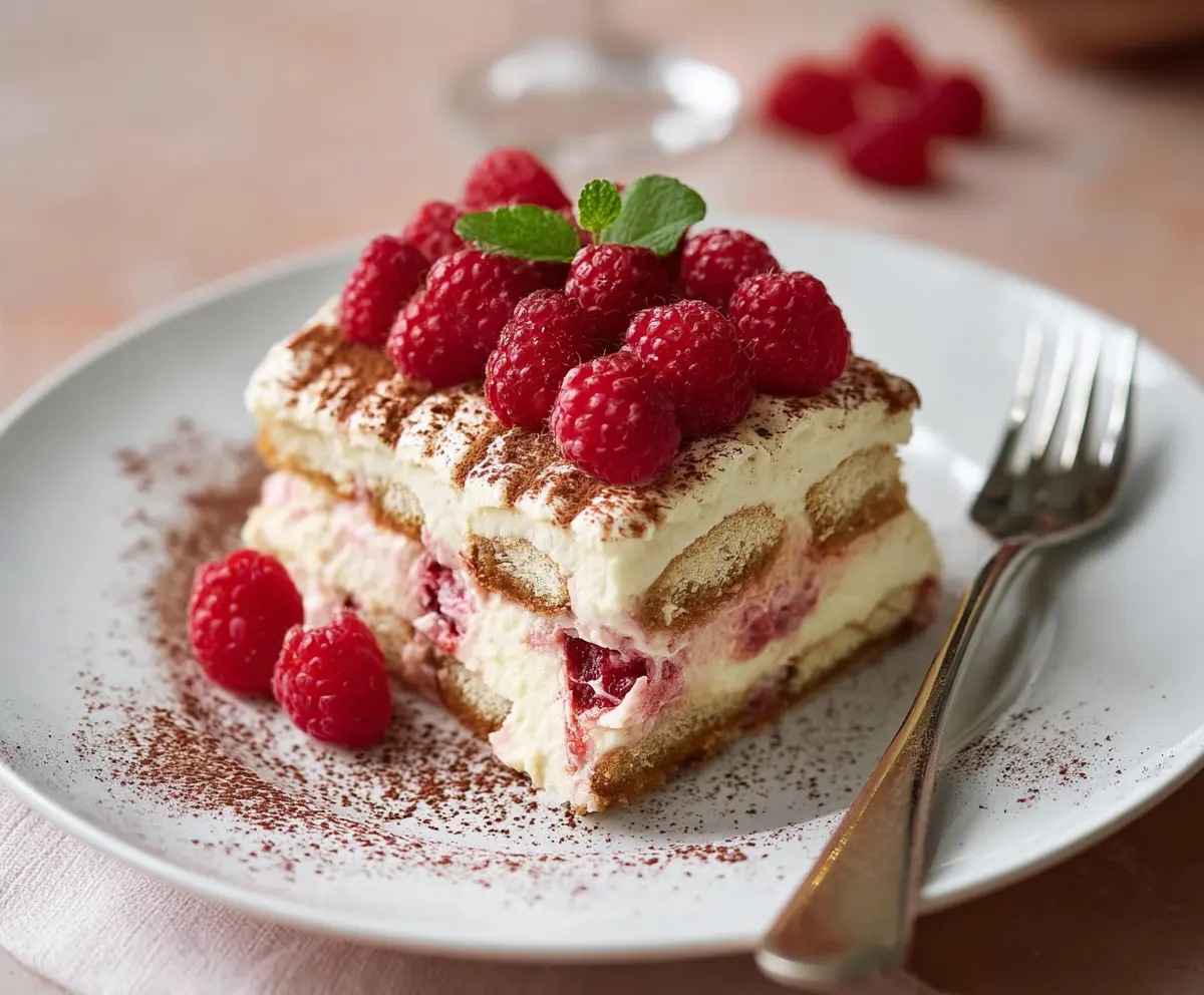 Delicious Fresh Raspberry Tiramisu with layers of creamy mascarpone and vibrant raspberries