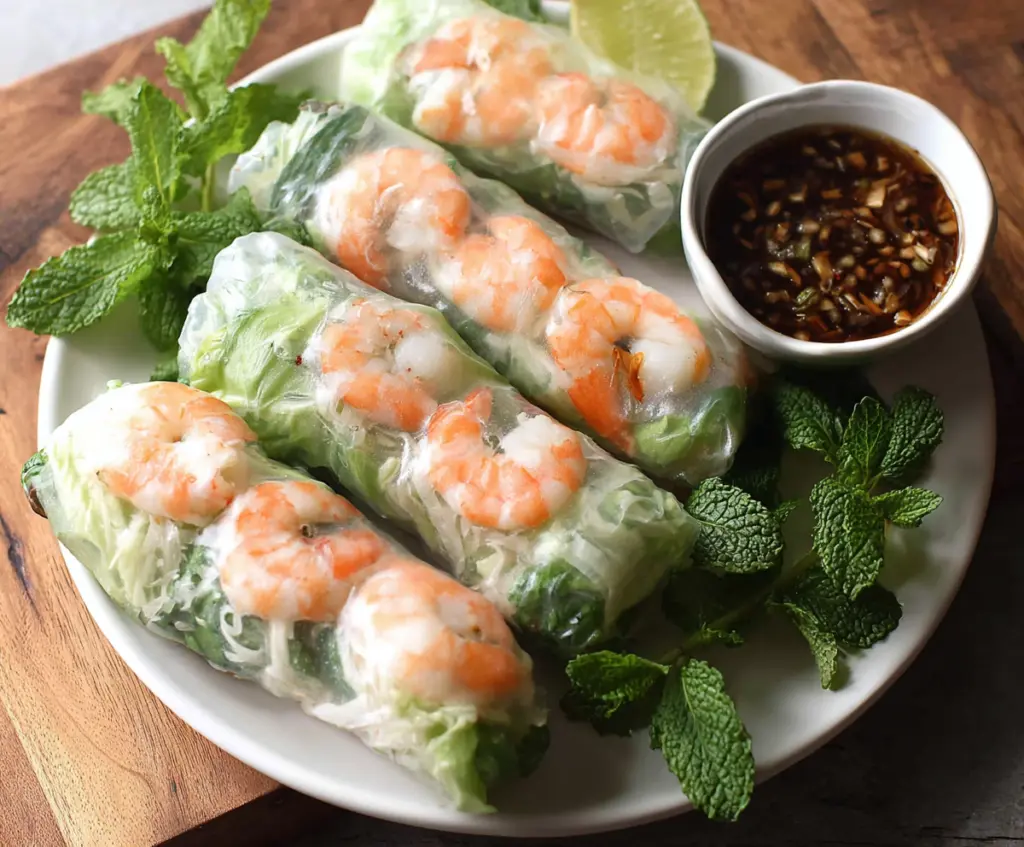 Fresh Vietnamese shrimp spring rolls filled with vibrant vegetables and herbs on a white plate.