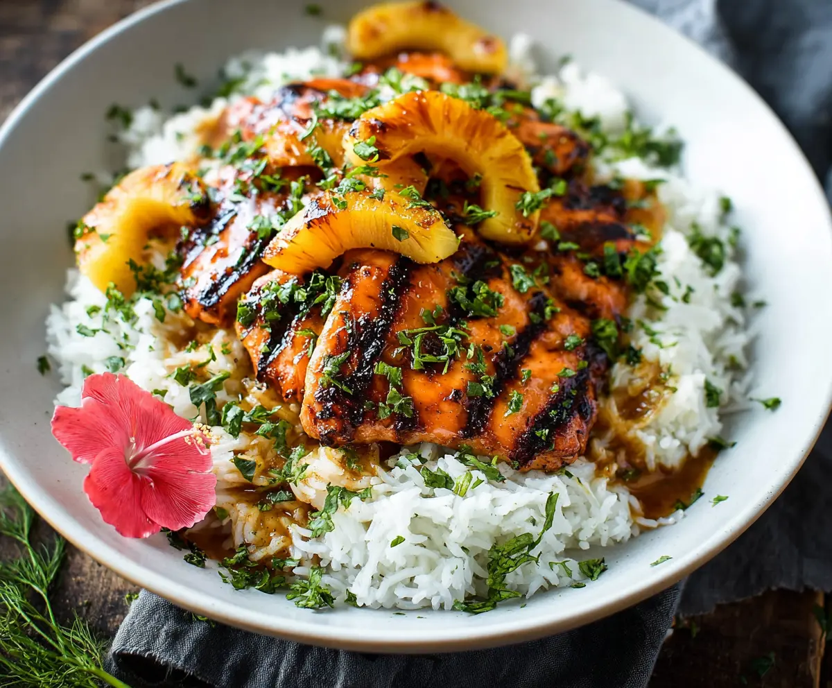 Hearty Hawaiian Chicken served with aromatic coconut rice on a vibrant platter.