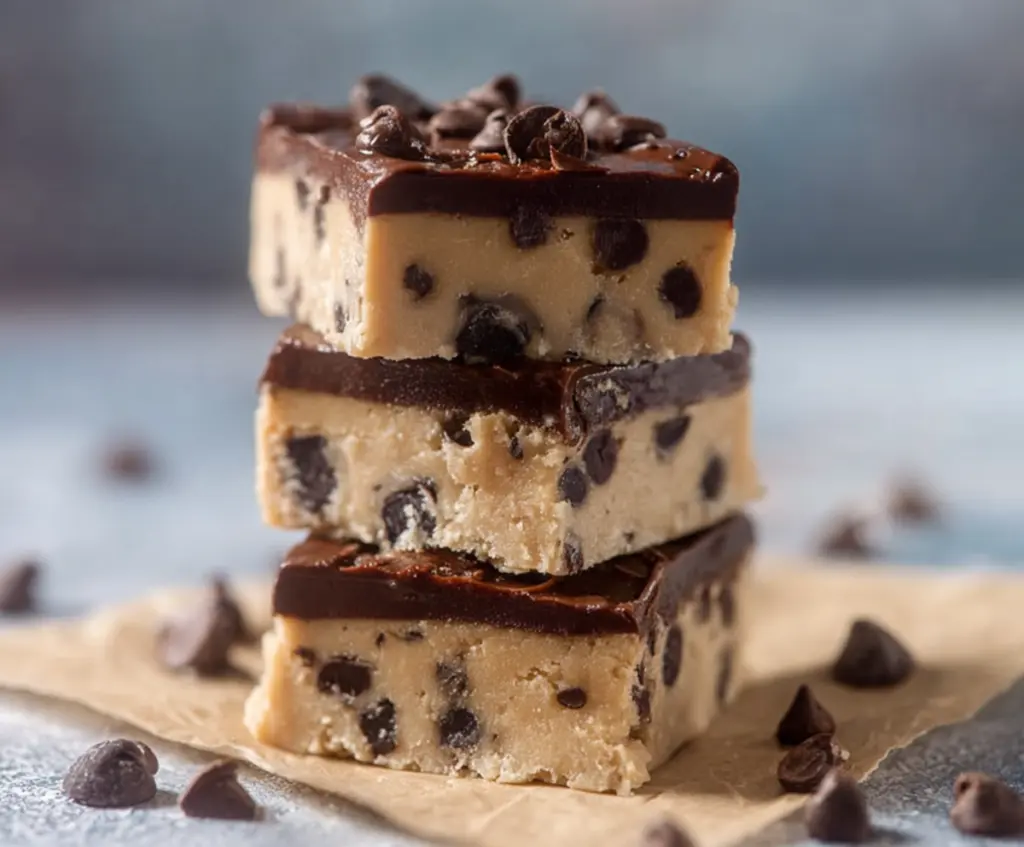 Healthy no-bake cookie dough bars topped with chocolate chips on a white plate for a delicious, guilt-free treat.