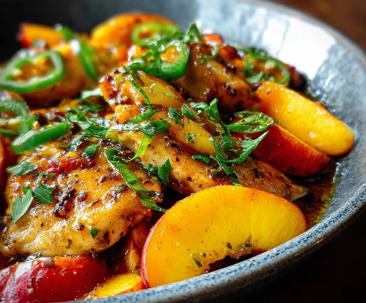 Juicy jalapeno peach chicken served on a plate with fresh herbs, perfect for summer grilling.