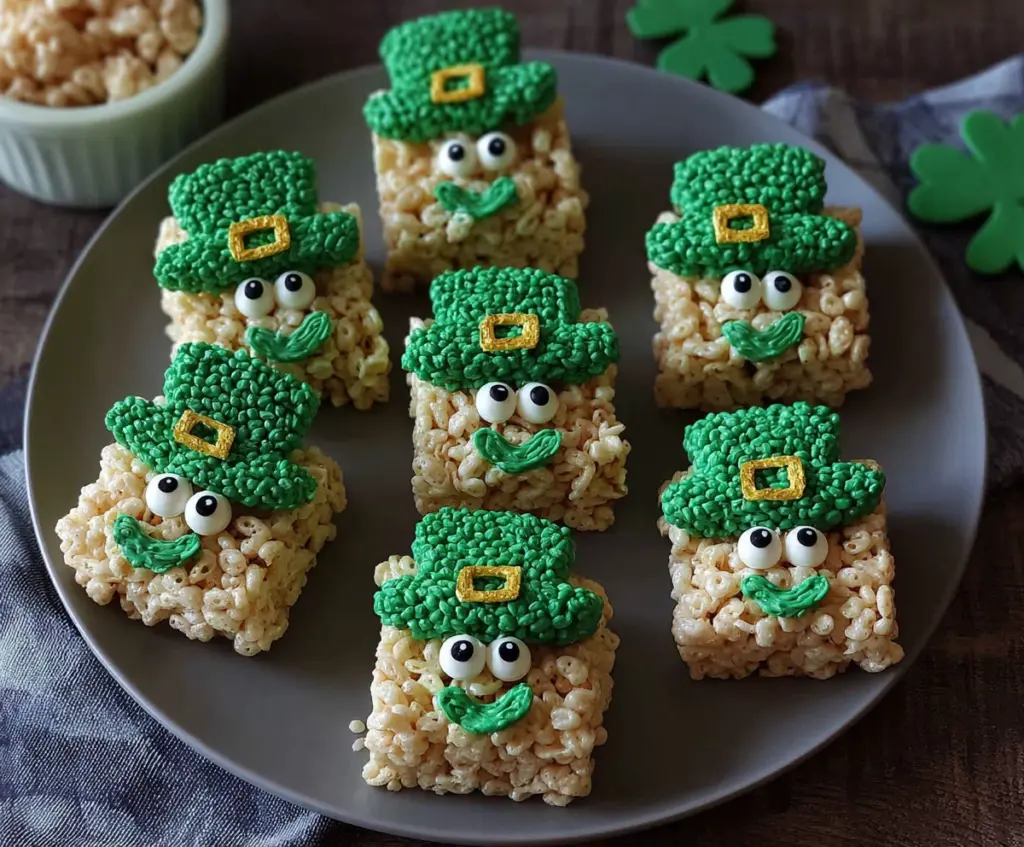 Colorful Lucky Leprechaun Rice Krispie Treats decorated for St. Patrick's Day, featuring vibrant green and gold accents.