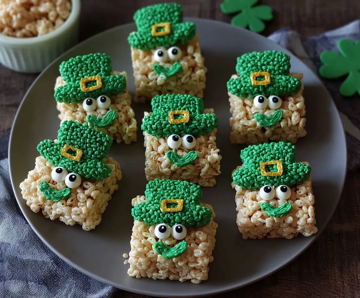 Colorful Lucky Leprechaun Rice Krispie Treats decorated for St. Patrick's Day, featuring vibrant green and gold accents.