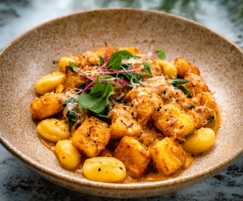 Delicious Marry Me Crispy Tofu served with golden gnocchi, garnished with herbs and a flavorful sauce.