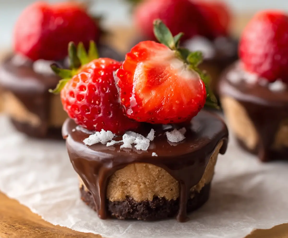 No-Bake Chocolate Covered Strawberry Cheesecake Cups with fresh strawberries and creamy chocolate topping