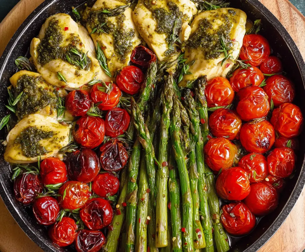Delicious one-pan pesto chicken garnished with fresh basil on a rustic wooden table.