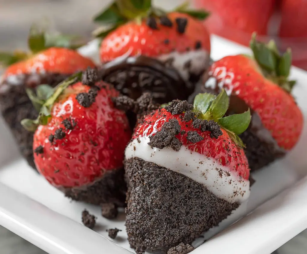 Delicious Oreo truffles stuffed inside fresh strawberries for a sweet treat.