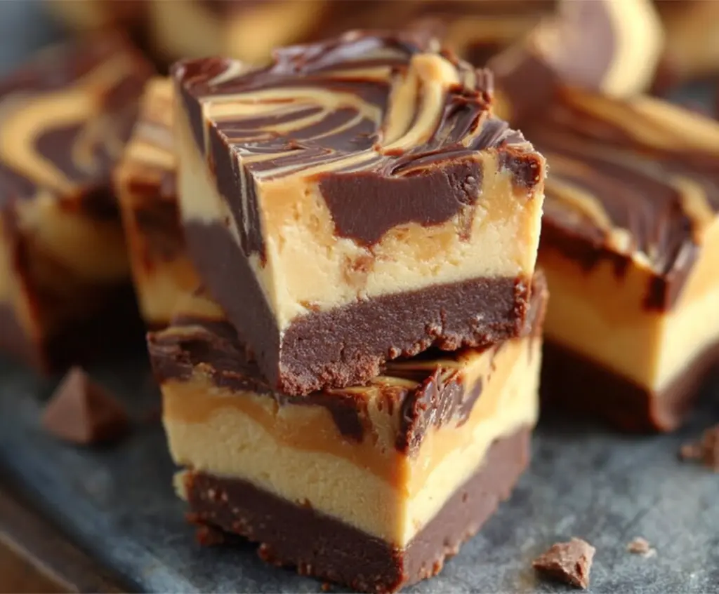 Creamy Peanut Butter Cup Cheesecake Fudge with a rich chocolate topping
