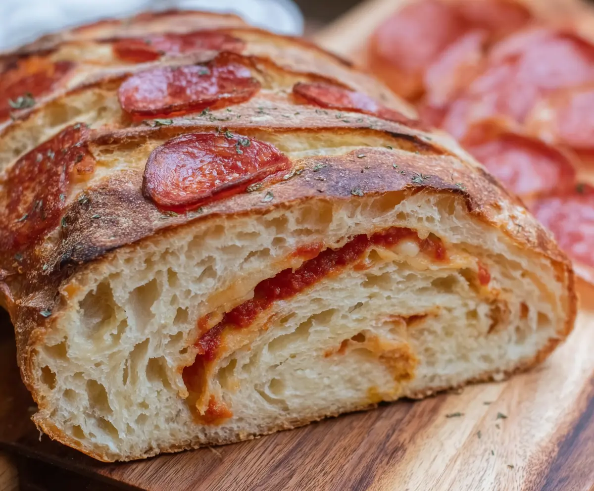 Delicious homemade pepperoni pizza sourdough bread with crispy crust and gooey cheese