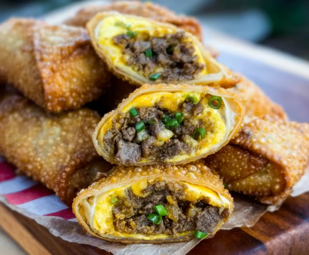 Delicious Philly Cheesesteak Egg Rolls filled with melted cheese, thinly sliced steak, and crispy wrapping.