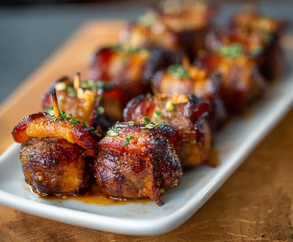 Delicious pig shots appetizer with crispy bacon and savory meat filling on a serving platter