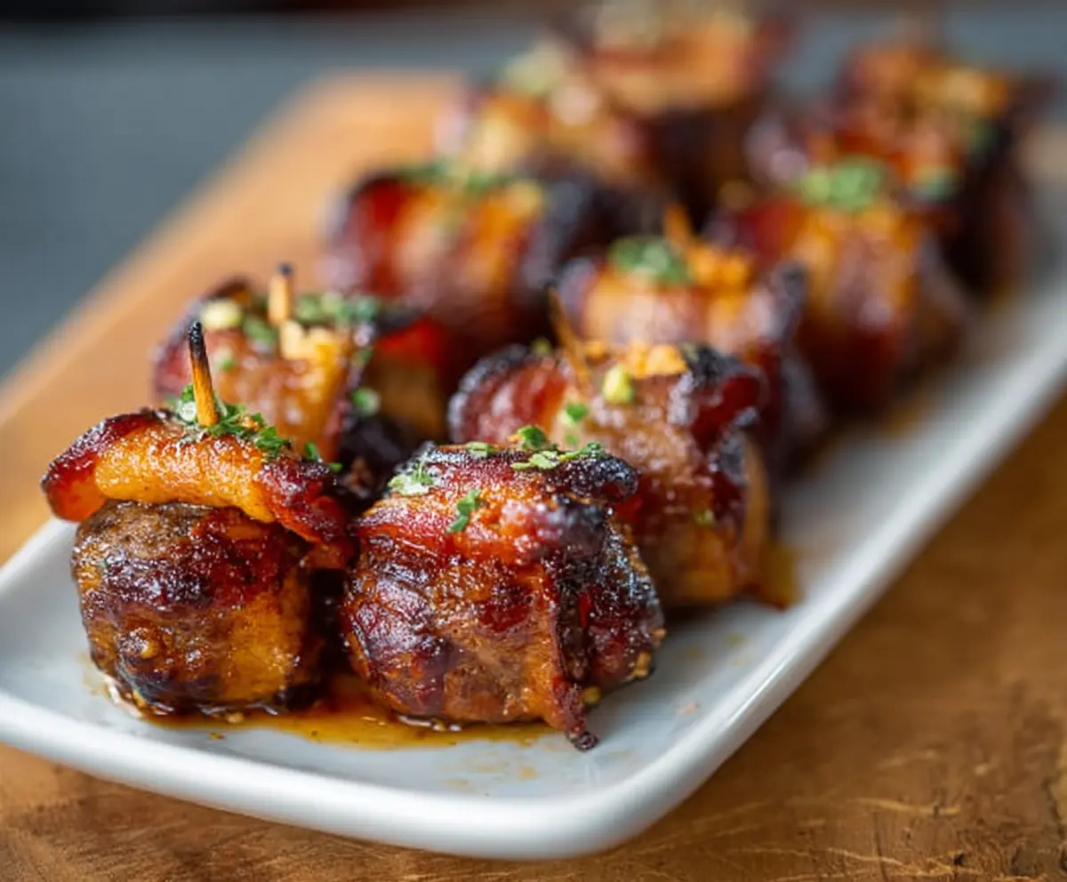 Delicious pig shots appetizer with crispy bacon and savory meat filling on a serving platter
