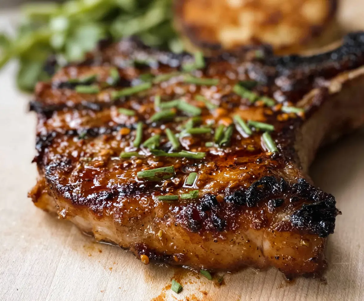 Juicy pork chop marinated with herbs and spices for flavorful grilling.