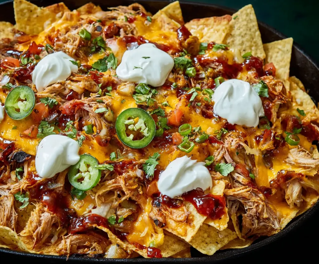 Delicious pulled pork nacho supreme topped with cheese, jalapenos, and fresh herbs on a plate.