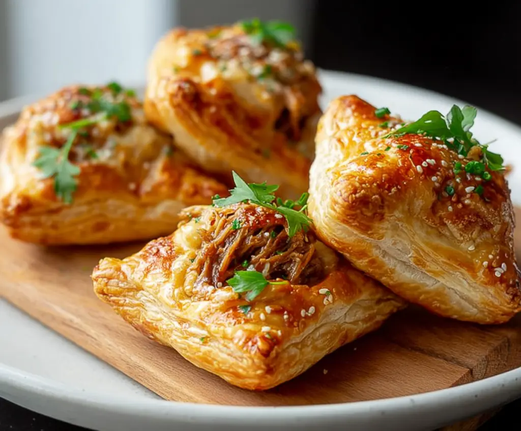 Golden pulled pork pastry puffs with crispy crust and tender meat, perfect as appetizers or snacks.