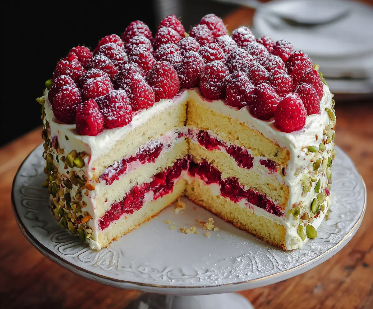 Delicious raspberry layer cake with fresh raspberries and creamy frosting, perfect for celebrations.