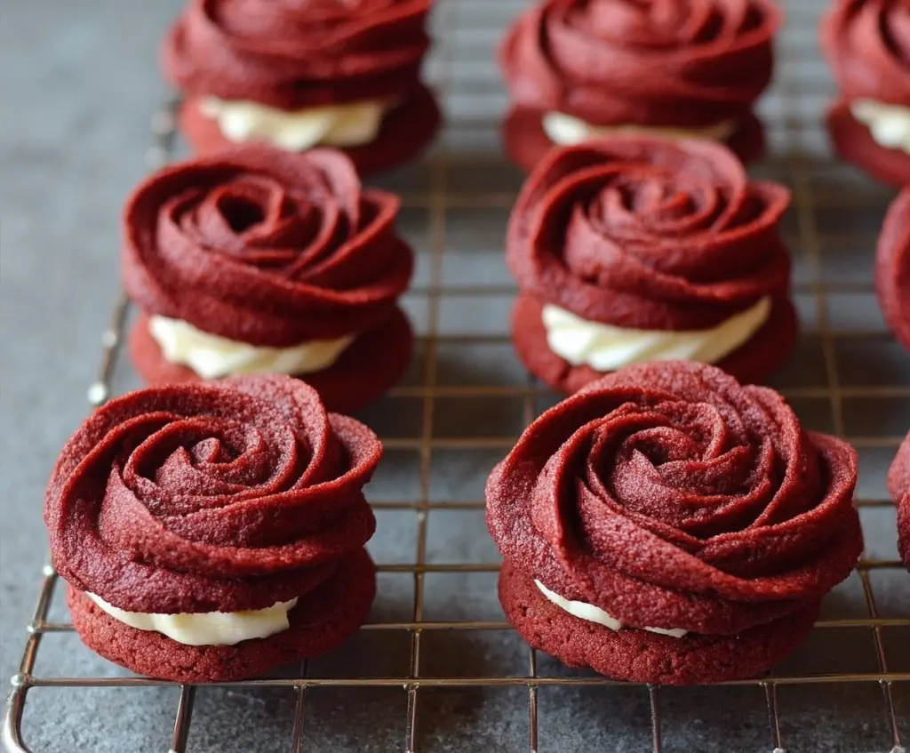 Red velvet sandwich cookies decorated with rose-shaped icing for a romantic dessert.