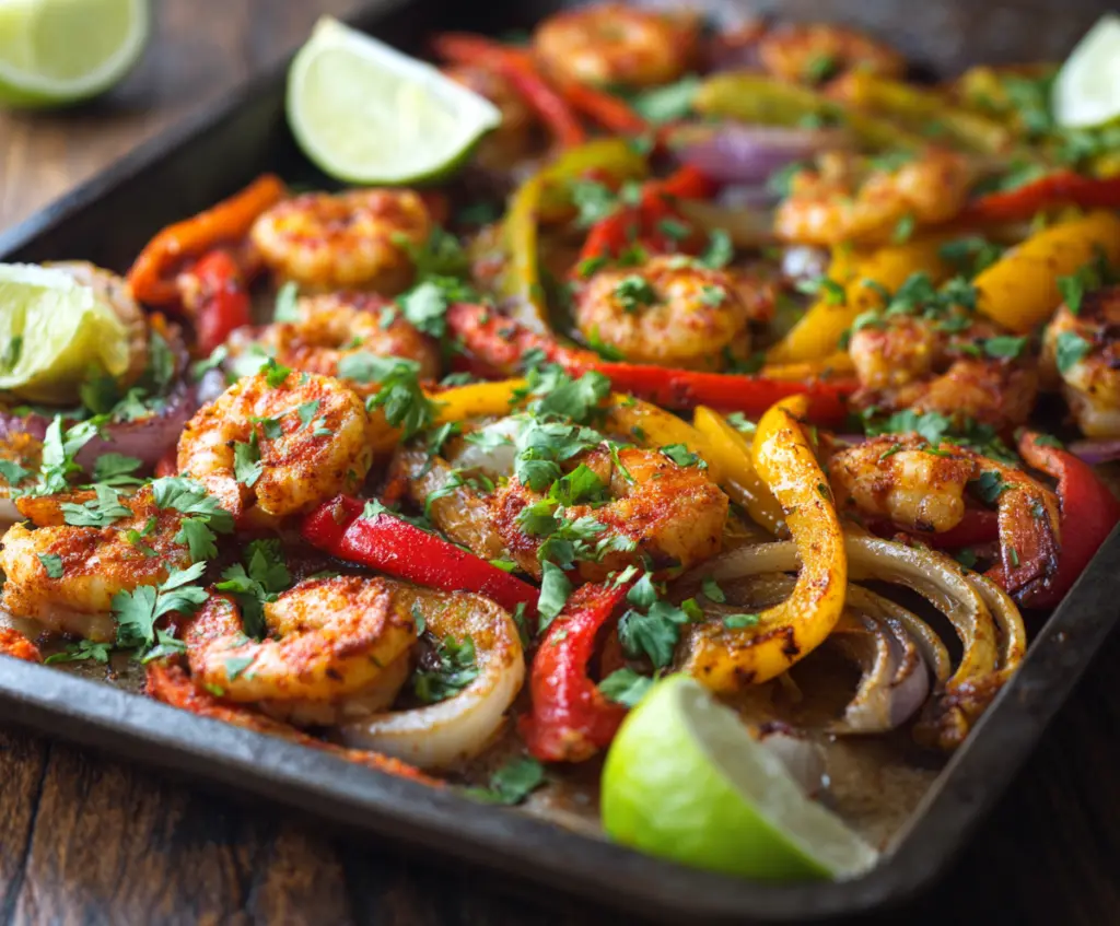 Delicious sheet-pan shrimp fajitas with colorful peppers and seasoned spices.