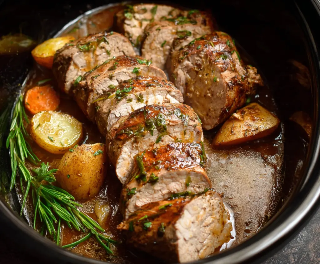 Delicious slow cooker pork tenderloin served with fresh vegetables and herbs.