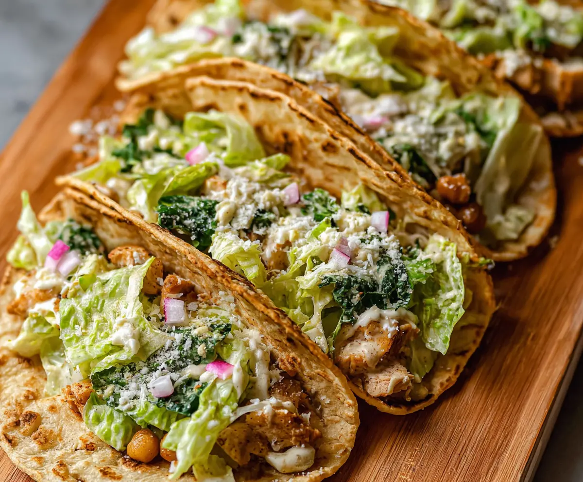 Delicious Smash Chicken Caesar Tacos topped with fresh lettuce and Parmesan cheese, perfect for a quick meal.