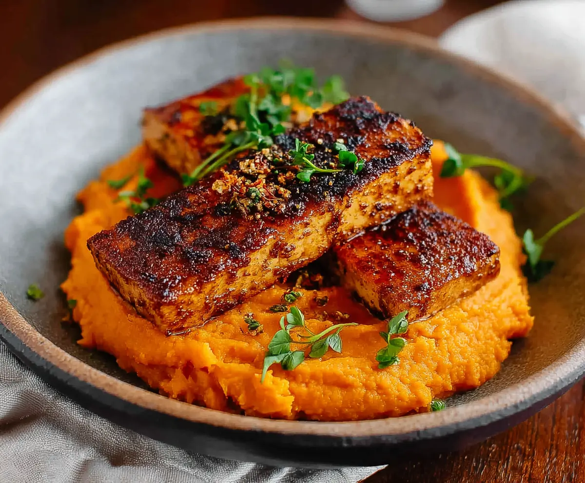 Smoky Tofu Steak with Sweet Potato Mash