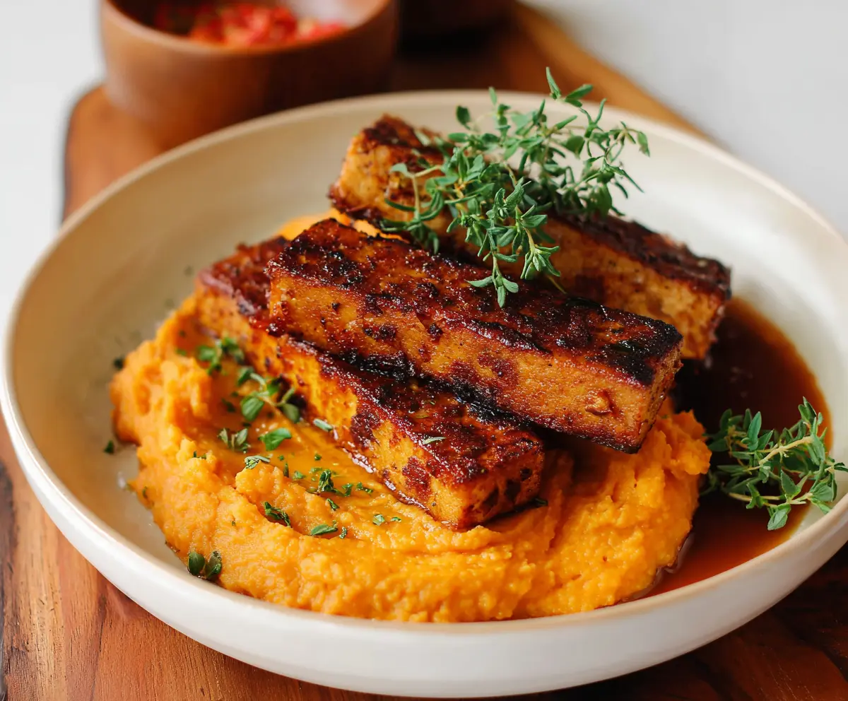 Delicious smoky tofu steak served with creamy mashed sweet potatoes, perfect for a healthy vegan meal.