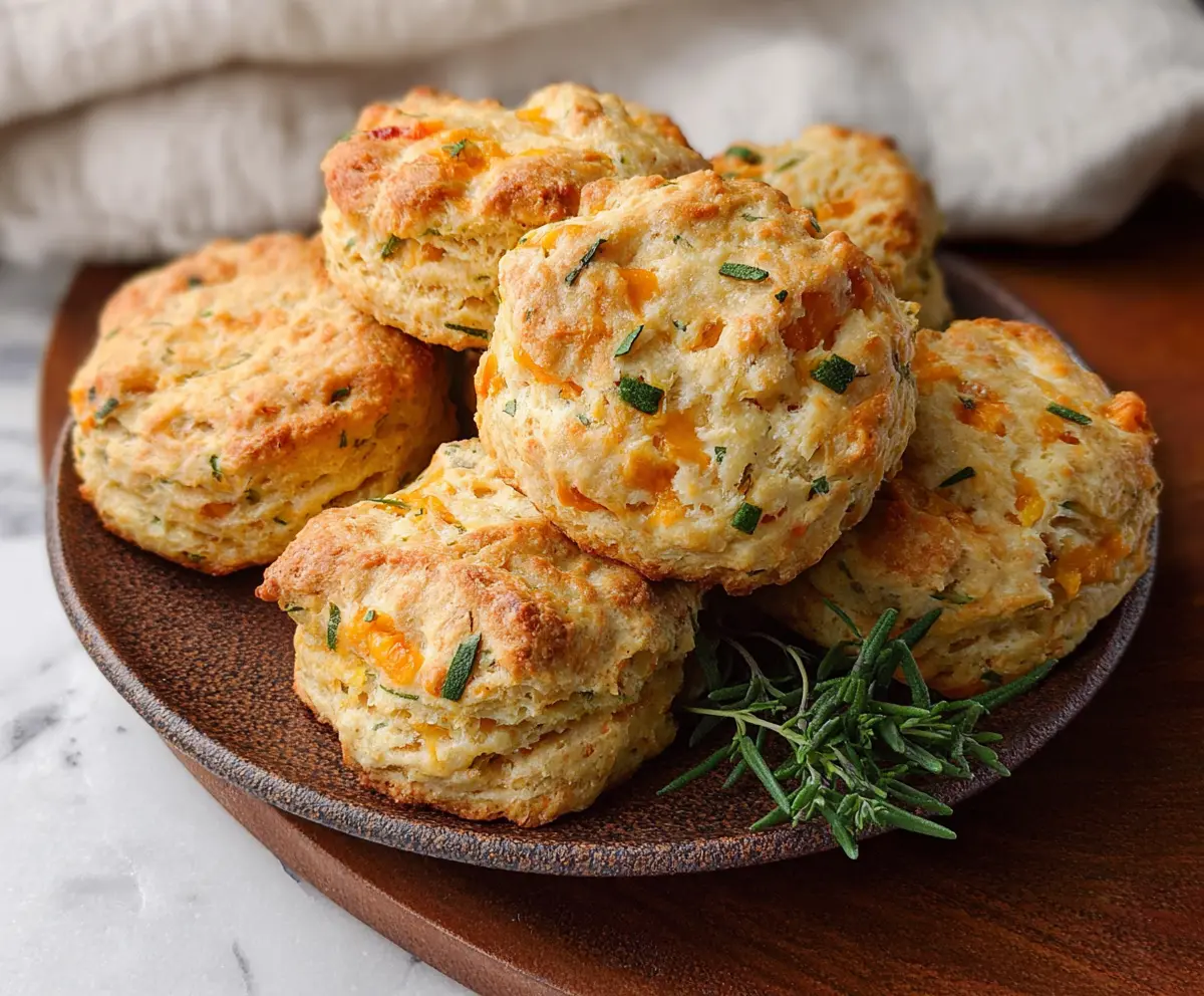 Delicious sourdough discard savory cheddar biscuits on a rustic baking tray