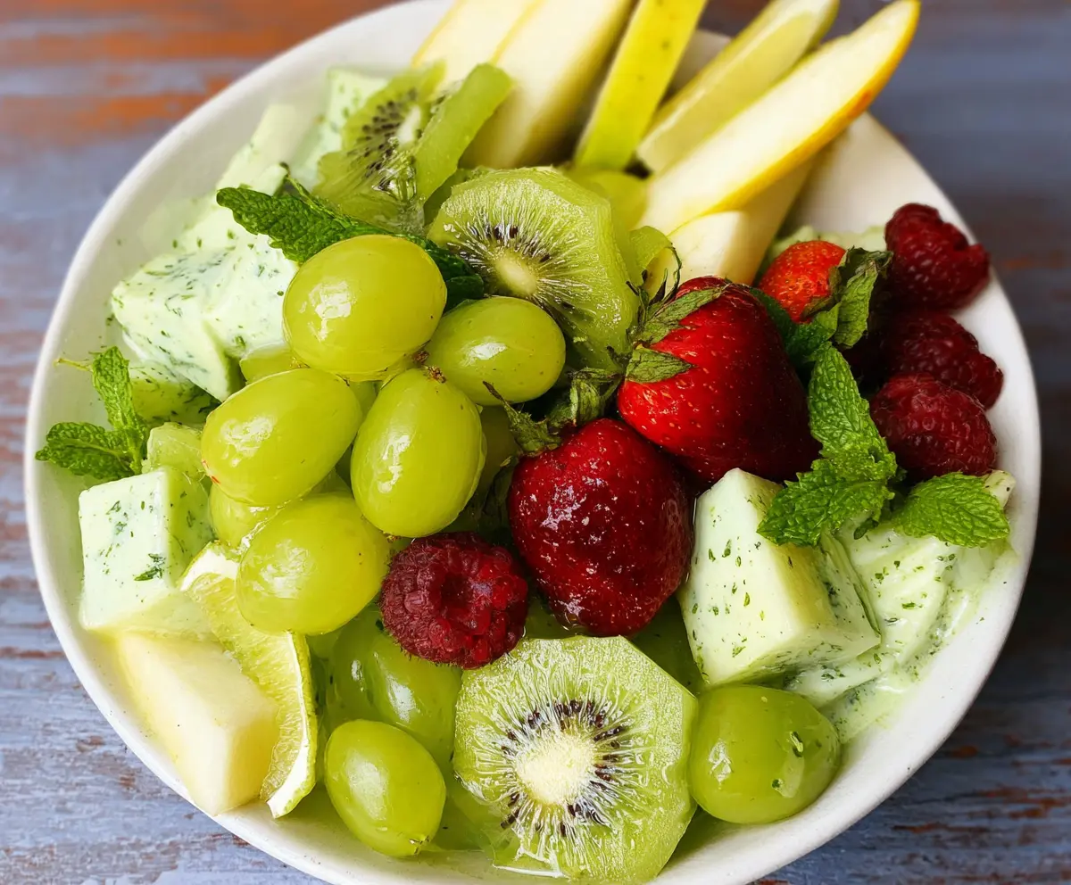 Colorful St. Patrick’s Day green fruit salad with fresh fruits in a bowl for festive celebration.