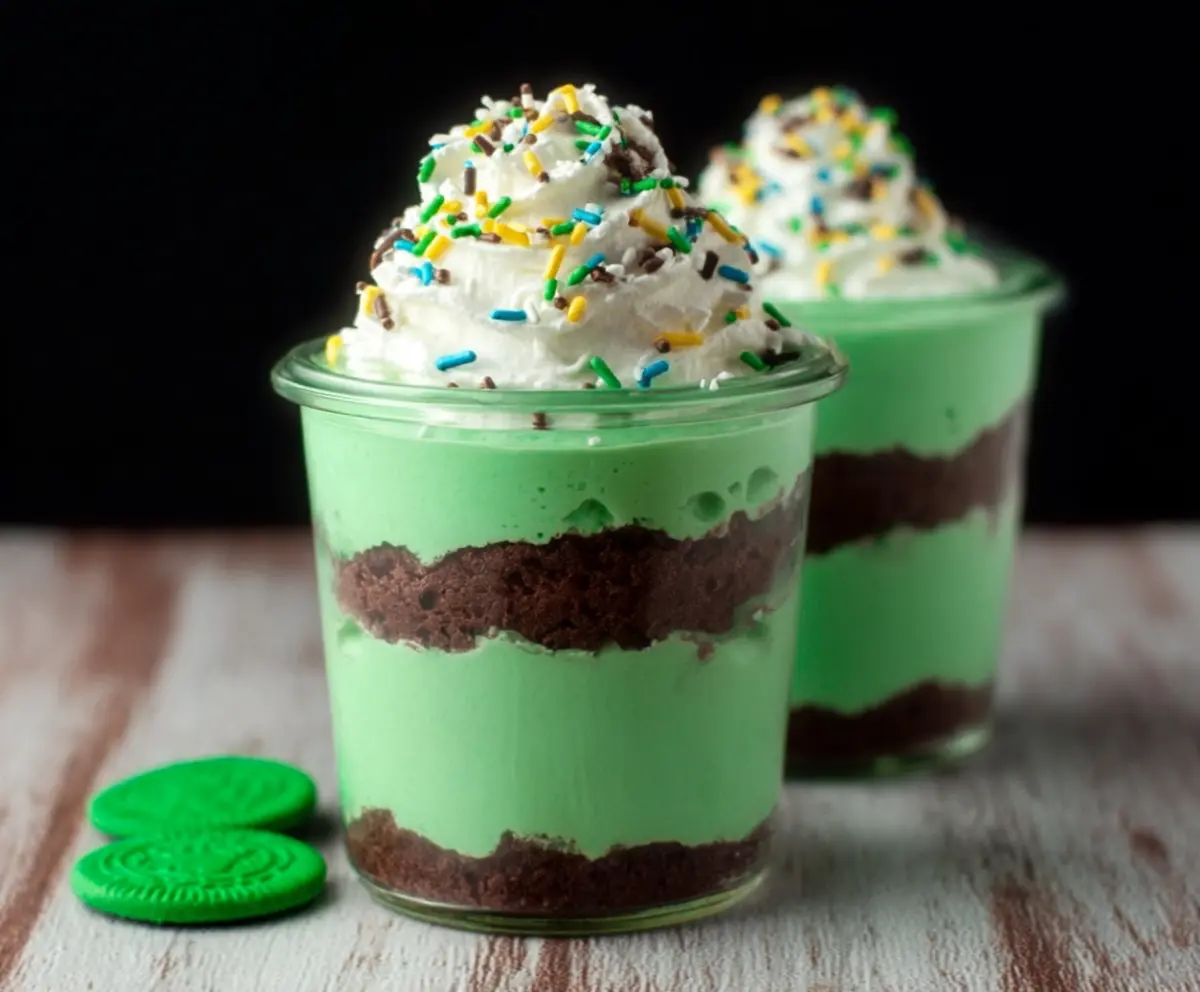 Delicious green shake pudding cups decorated for St Patrick's Day, perfect for festive celebrations.
