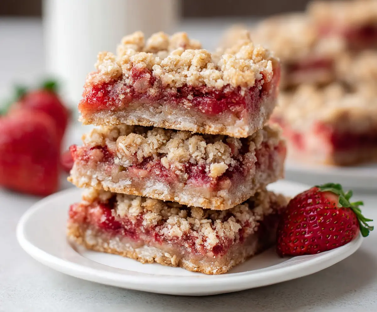 Delicious Strawberry Oatmeal Crumble Bars with fresh strawberries and a crumbly topping.