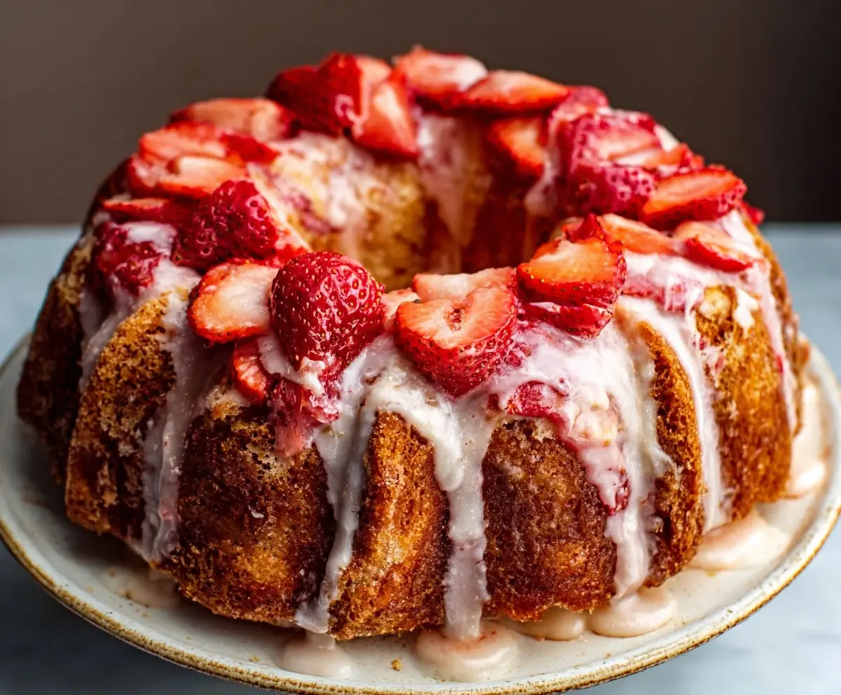 Decadent sweet strawberry pound cake with fresh strawberries on top, perfect for dessert or special occasions.