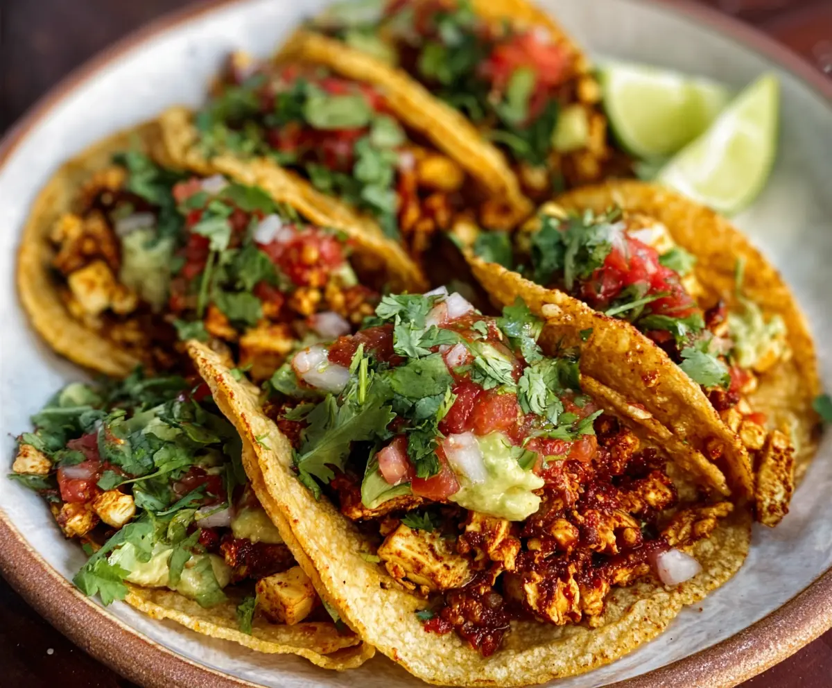 Delicious tofu tacos topped with fresh vegetables and cilantro on a vibrant plate.