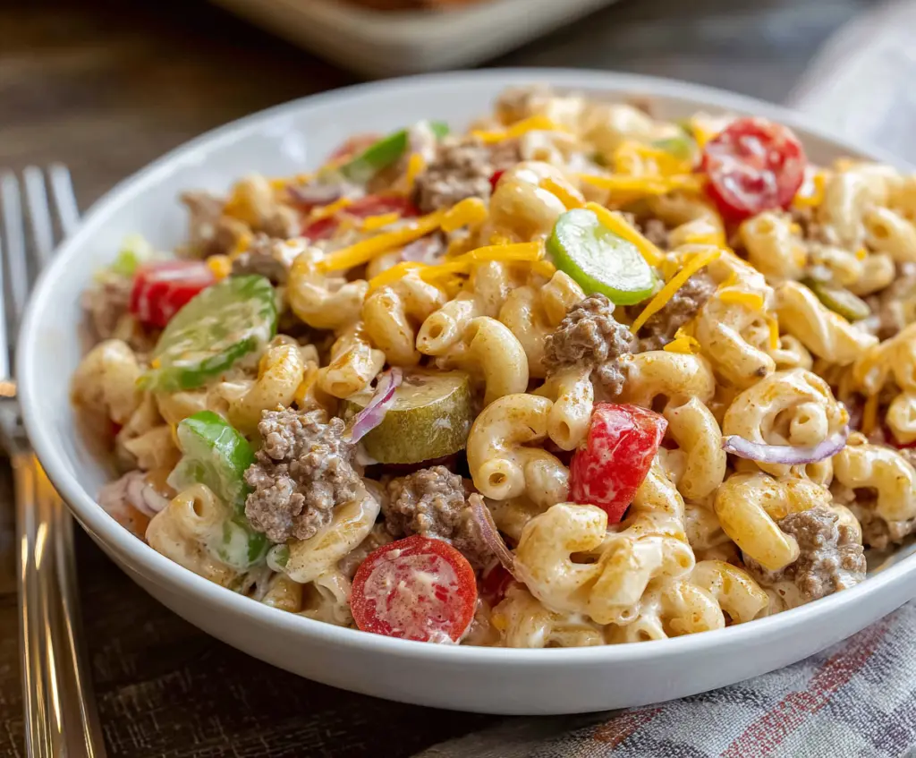 Delicious Big Mac Pasta Salad with seasoned ground beef, shredded cheese, and crispy lettuce in a bowl.