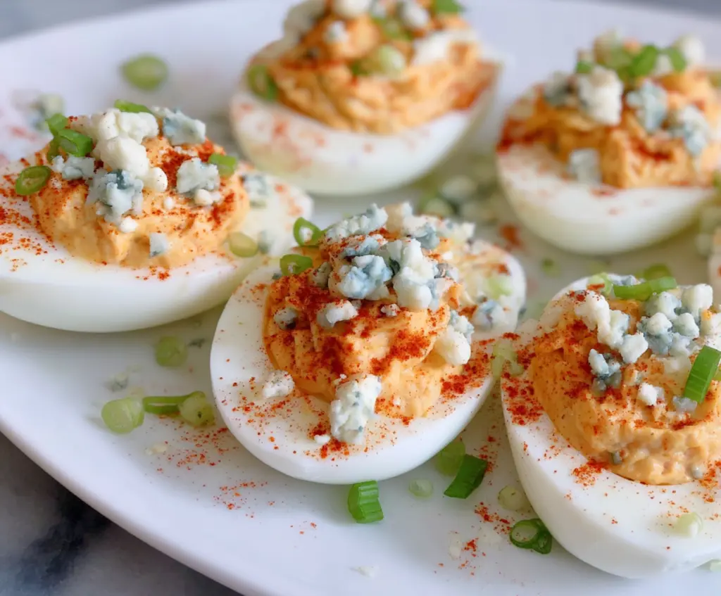 Creamy buffalo blue cheese deviled eggs garnished with fresh herbs and spicy sauce.