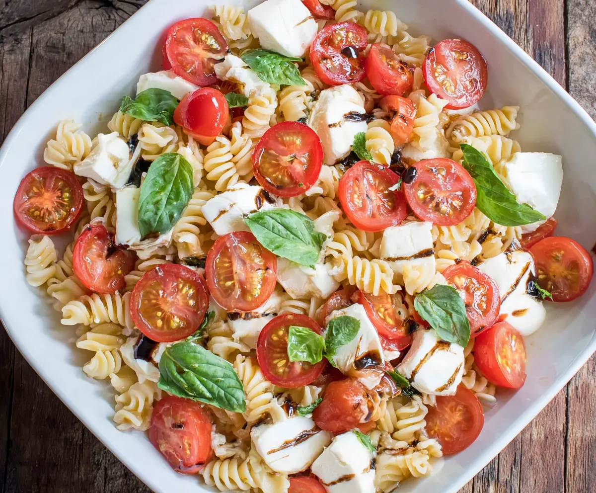 Fresh Caprese Pasta Salad with mozzarella, cherry tomatoes, basil, and balsamic glaze on a white plate.