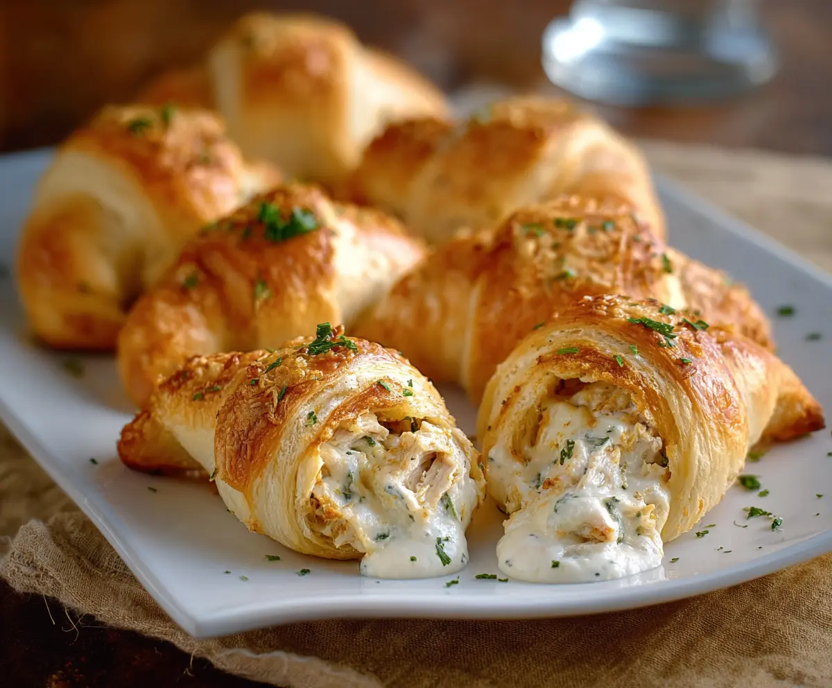 Delicious Chicken Alfredo stuffed crescents on a plate, showcasing creamy filling inside golden pastry crescents.