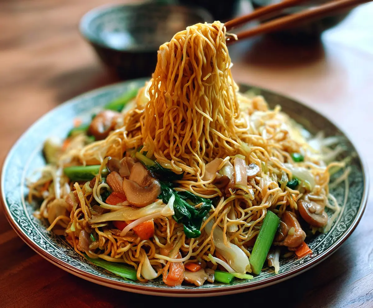Delicious homemade chow mein noodles with vegetables and tender meat