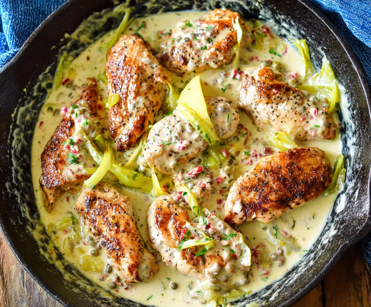 Creamy Pepperoncini Chicken Skillet served with fresh herbs on a rustic plate.
