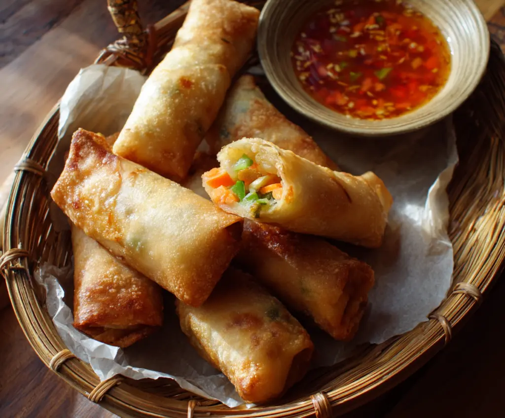 Crispy baked vegetable spring rolls on a plate, highlighting their golden, crunchy exterior with fresh vegetable filling