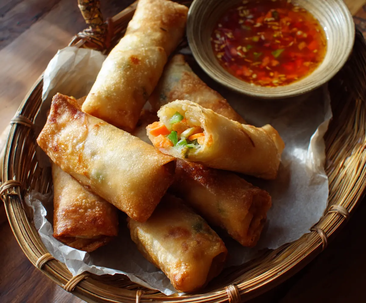 Crispy baked vegetable spring rolls on a plate, highlighting their golden, crunchy exterior with fresh vegetable filling