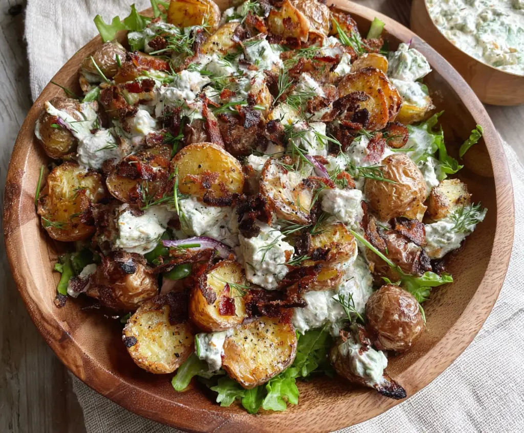 Delicious crispy smashed potato salad garnished with herbs and served in a bowl