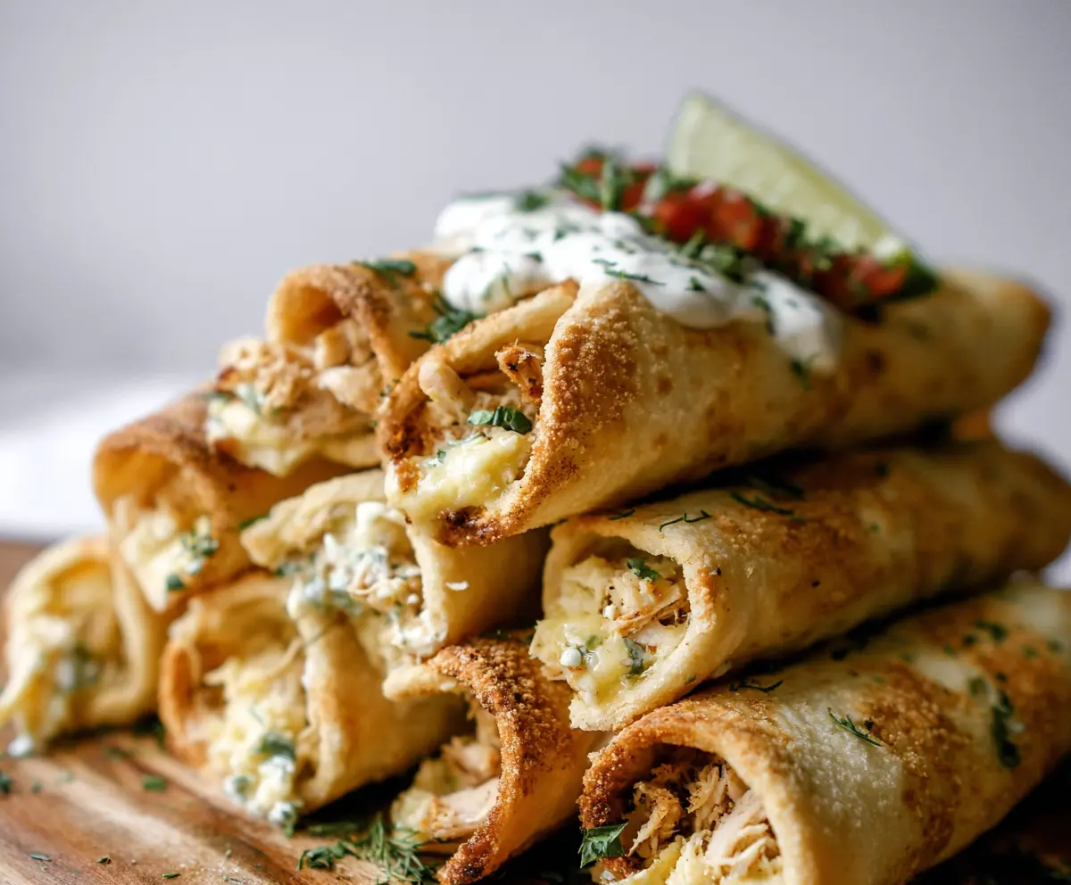 Crunchy Dill Pickle Ranch Chicken Taquitos with fresh ingredients and flavorful dipping sauce.