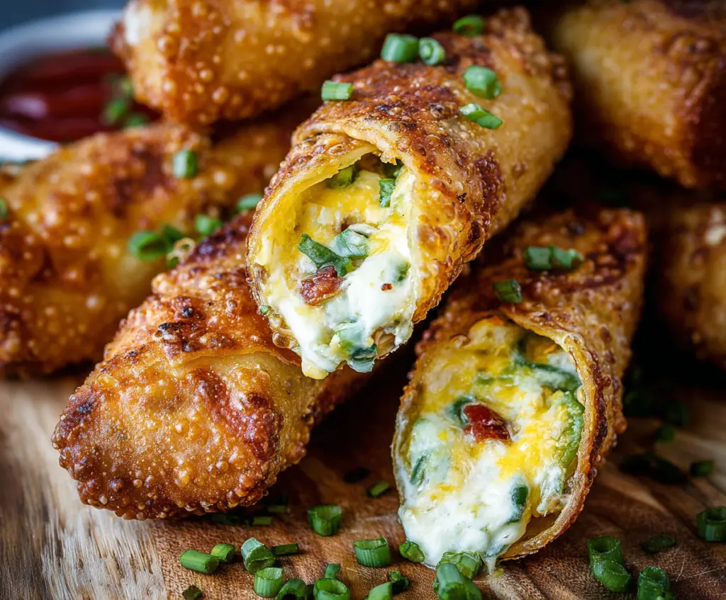 Delicious Finger Food Mini Jalapeno Popper Egg Rolls with melted cheese and spicy jalapenos on a platter.