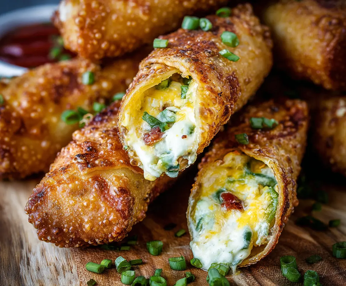 Delicious Finger Food Mini Jalapeno Popper Egg Rolls with melted cheese and spicy jalapenos on a platter.