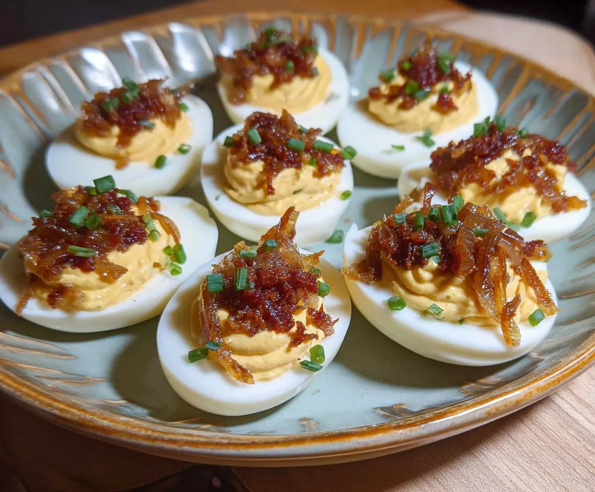 French Onion Deviled Eggs garnished with caramelized onions and fresh herbs on a white plate.