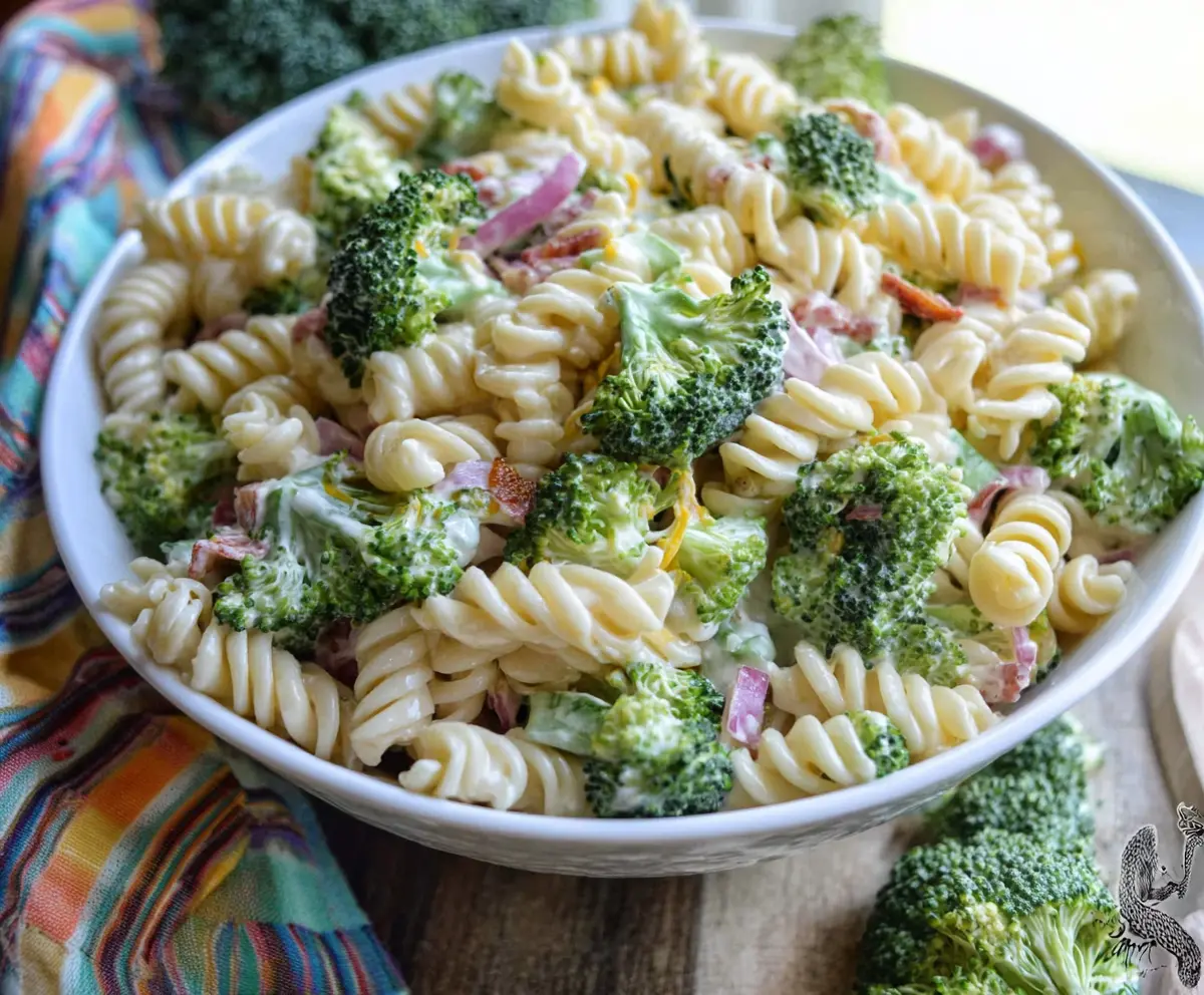 Fresh broccoli pasta salad with vibrant green broccoli and spiral pasta in a light vinaigrette.