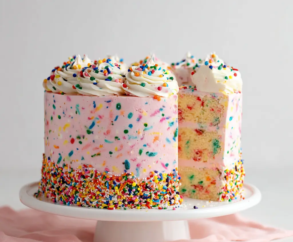 Colorful Funfetti Sprinkle Birthday Cake with vibrant rainbow sprinkles and creamy frosting.
