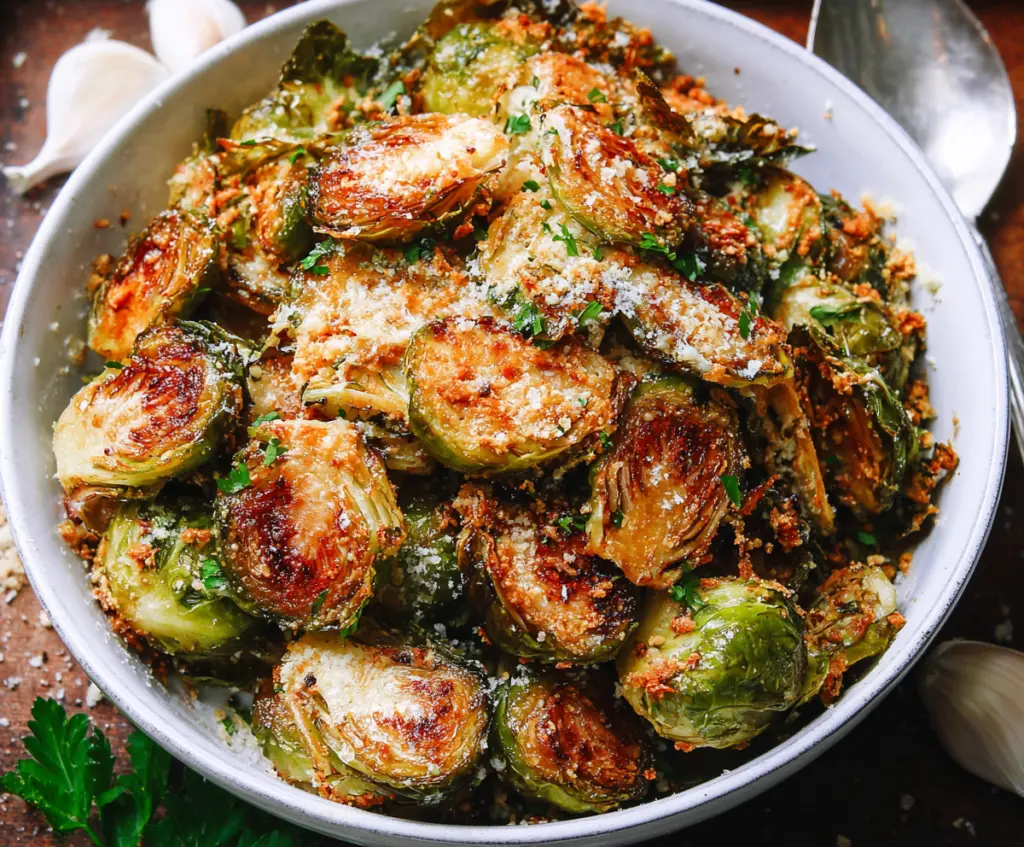 Crispy roasted Brussels sprouts seasoned with garlic and Parmesan cheese on a rustic platter.