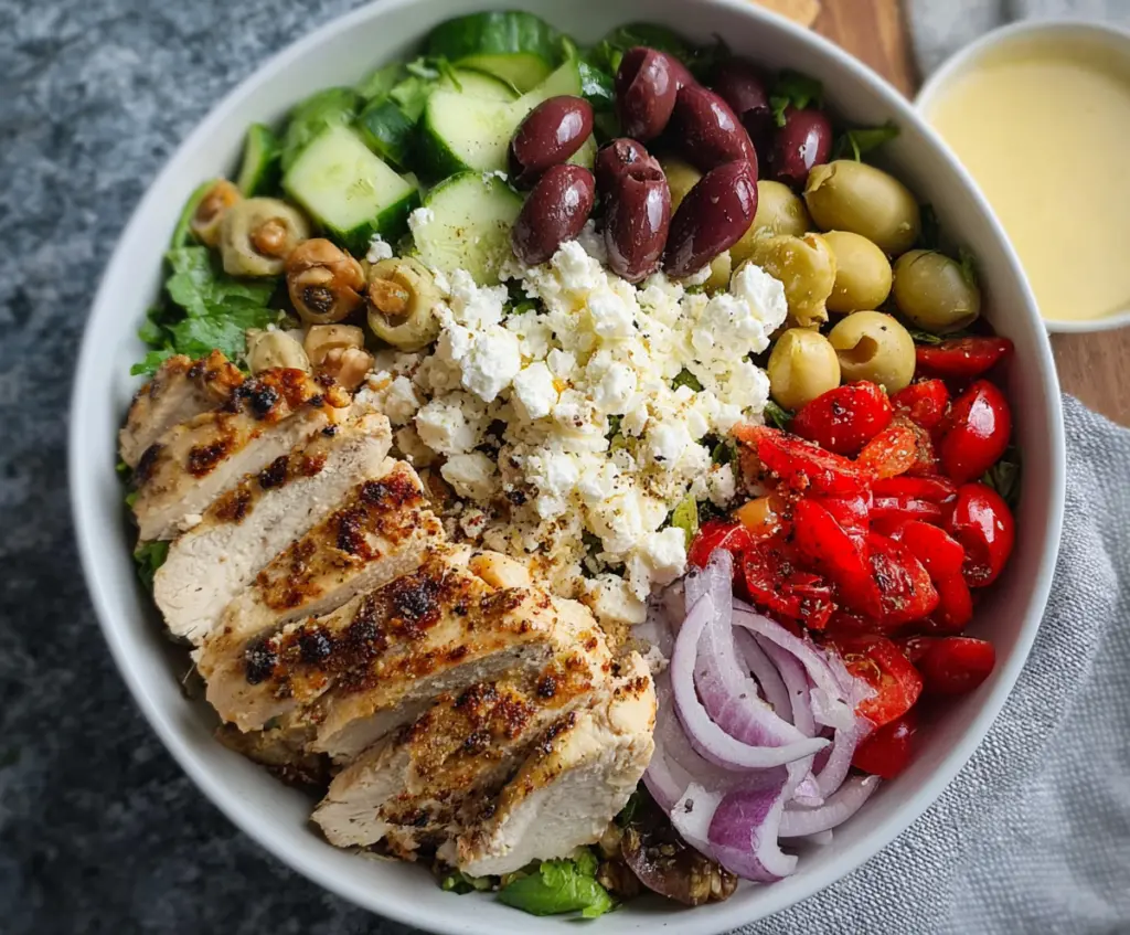 Delicious Greek Chicken Salad Bowls with fresh vegetables and feta cheese